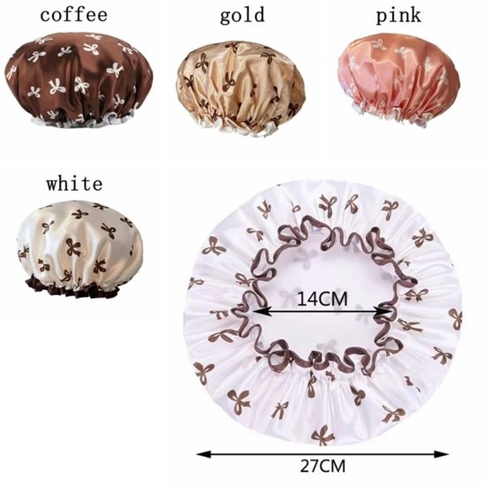 Double Layer Waterproof Shower Cap for Women & Girls – Reusable, Elastic & Comfortable with Print (White)