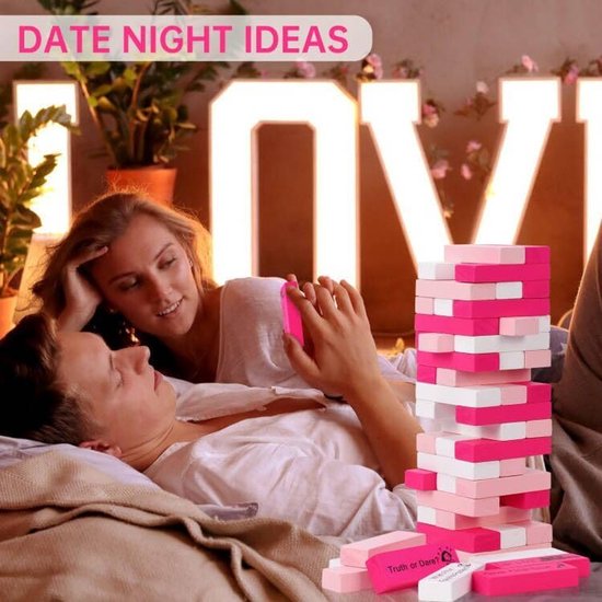Block Tower Jenga Game - Jenga for Couples - Valentine's Day Tumbling Tower Jenga Game - Party Favor for an Adult Couples Night Out - Pink