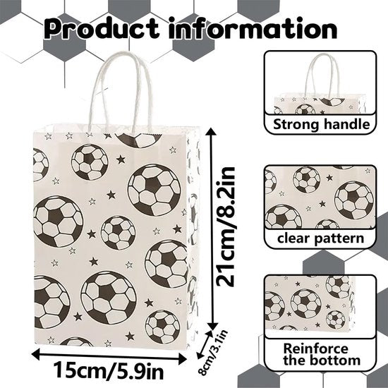 Football Party Paper Bags - Pack of 12 - Football Goodie Bags with Handles - Football Gift Bags for Football Theme Party Supplies (White - 21*15*8cm)