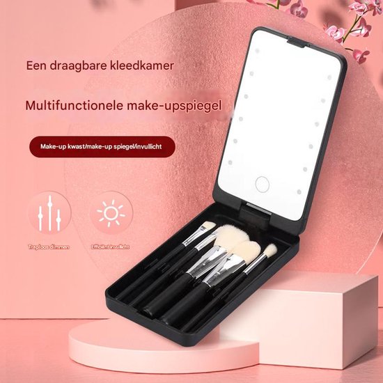 LED Makeup Mirror - Lighted Mirror - Set of 5 Makeup Brushes - Makeup Brush Storage Box - Cover - Dustproof - Black