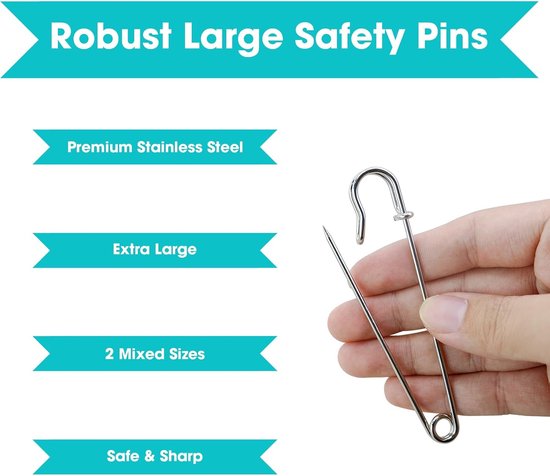20 Safety Pins - Large Safety Pin Length - Heavy Safety Pins for Blankets, Kilts, Knitting, Crafts (63mm & 100mm)
