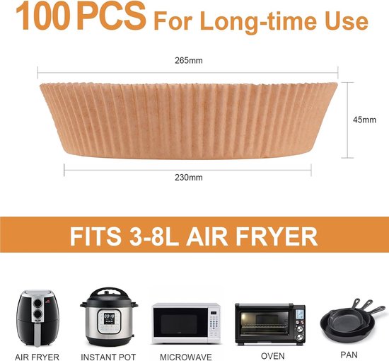 100 Airfryer Baking Pans - Round Baking Pans 23cm - Food Safe - BPA Free - Non-Stick Airfryer Pans - Easy to Clean - Suitable for Airfryers from 3-8 litres