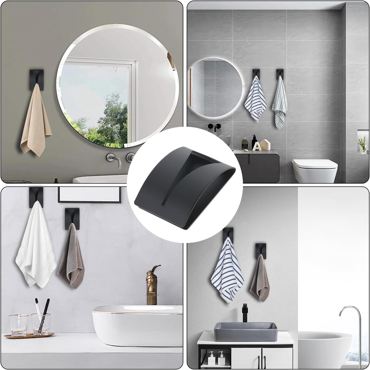 Black Towel Clip - Set of 4 - Stainless Steel - Self-Adhesive Tea Towel Holders - Wall Hooks for Kitchen