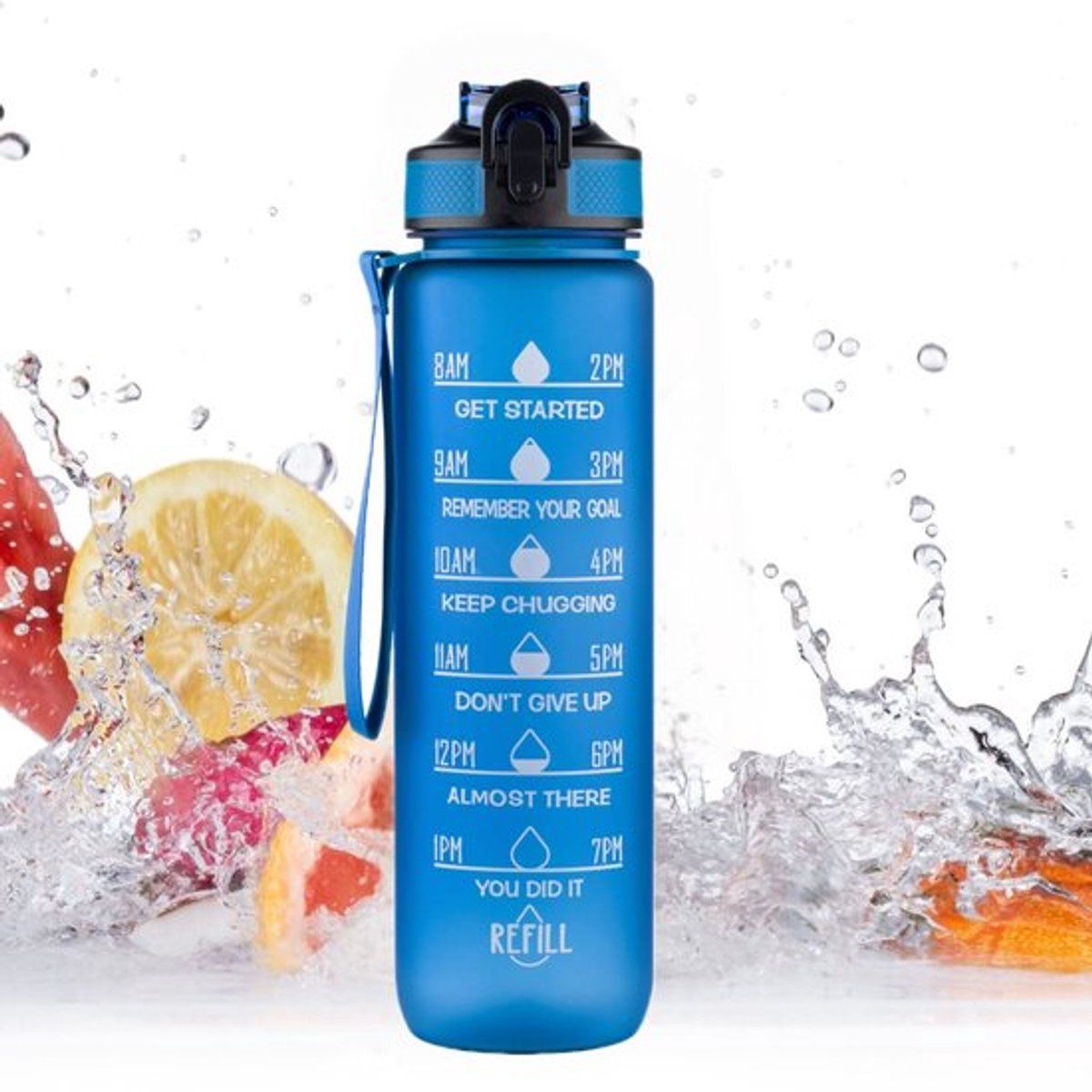 Motivation Water Bottle Dark Blue, 1 Liter Drinking Bottle, Water Bottle with Time Marking, BPA Free, Children, With Box, On Hydration Challenge