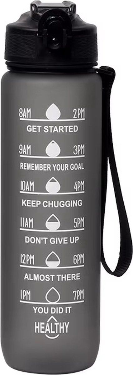 Motivation Water Bottle Black, 1 Liter Drinking Bottle, Water Bottle with Time Marking, BPA Free, Adults, Children's Drinking Bottle