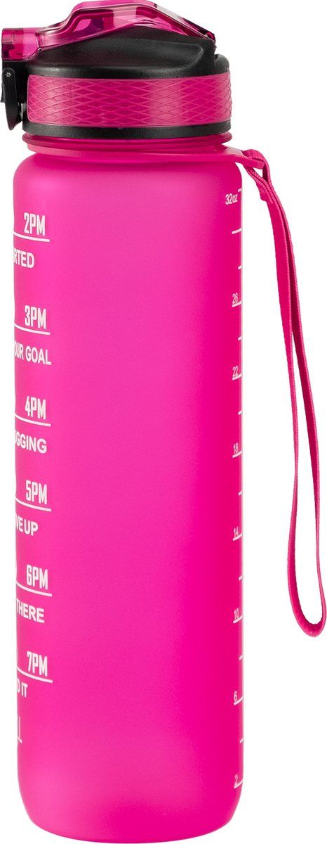 Motivation Water Bottle Pink, 1 Liter Drinking Bottle, Water Bottle with Time Marking, BPA Free, Adults, Children
