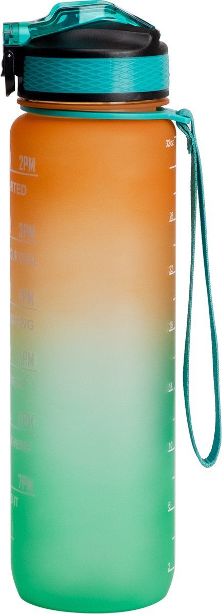 Motivation Water Bottle with Straw and Time Markings, BPA-Free Drinking Bottle for Adults and Children, Orange and Green, 1 L