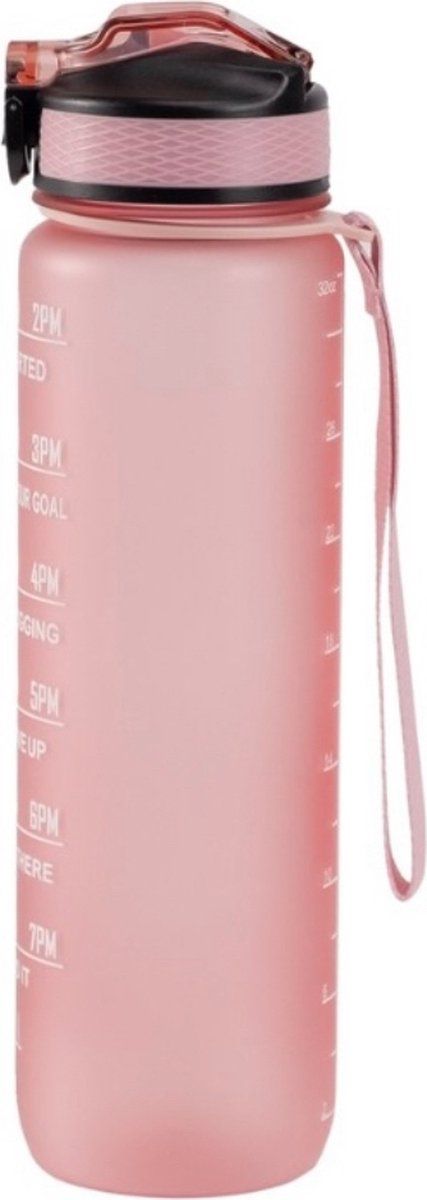 Motivation Water Bottle Rosé, 1 Liter Drinking Bottle, Water Bottle with Straw, Water Bottle with Time Marking, Children's Drinking Bottle
