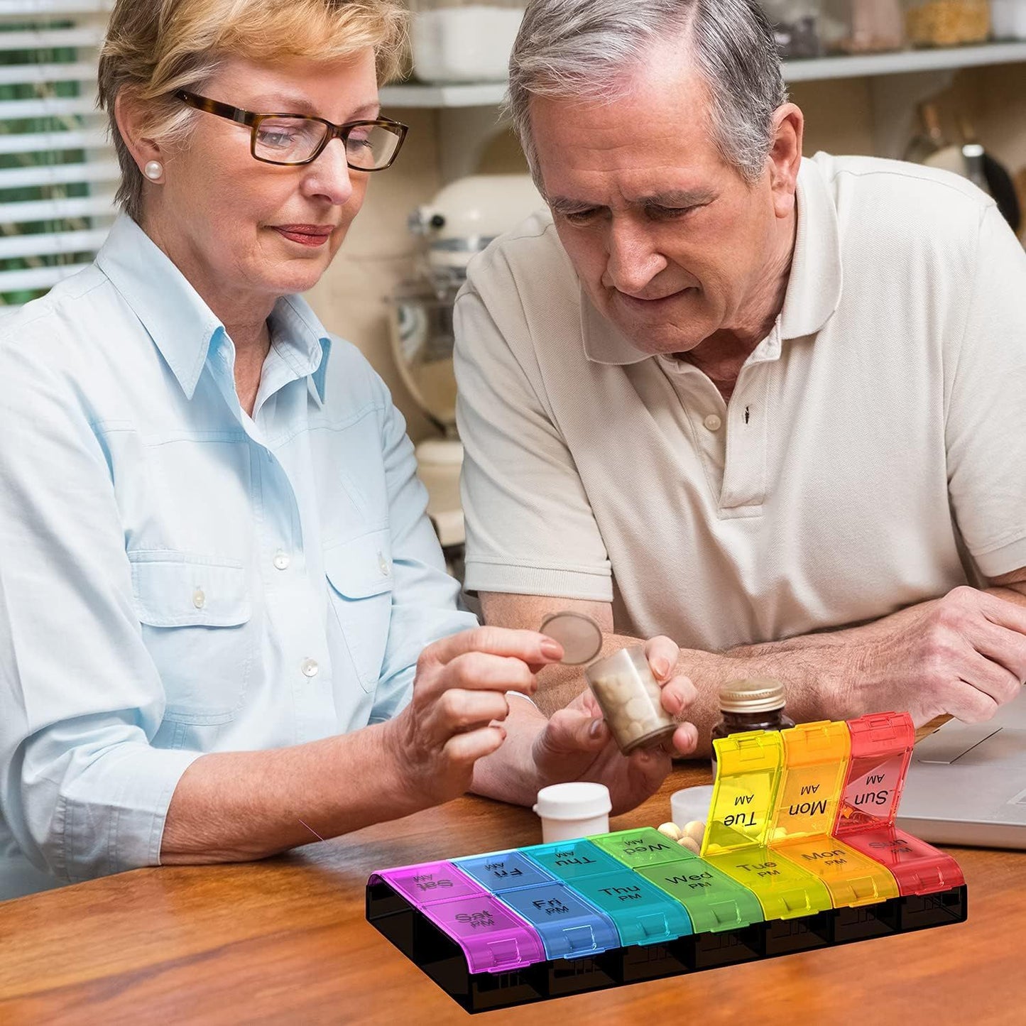 Extra Large 7-Day Pill Organizer 2 Times a Day, Weekly XL AM PM Pill Box with Large Compartments, Rainbow, 14 Compartments