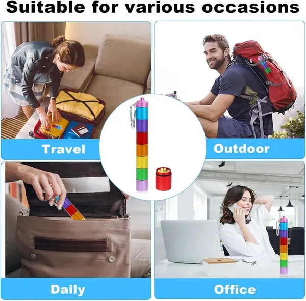 Small Travel Pocket Pill Box with 7 Compartments, Waterproof Sealed Metal Pill Case for Vacation Camping and Outdoor Use, Aluminum Alloy Material