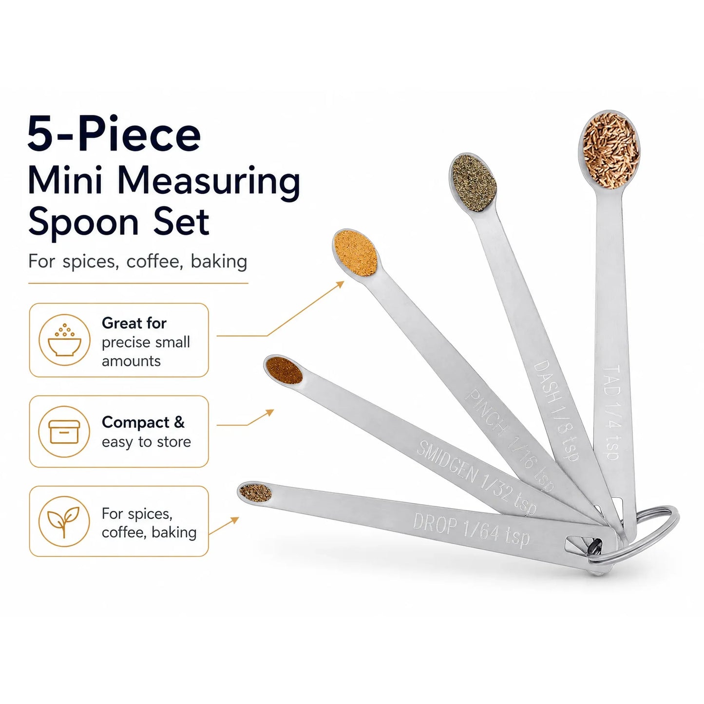 5 Pack Stainless Steel Mini Measuring Spoons, Compact Kitchen Measuring Spoon Set for Baking, Cooking and Seasoning