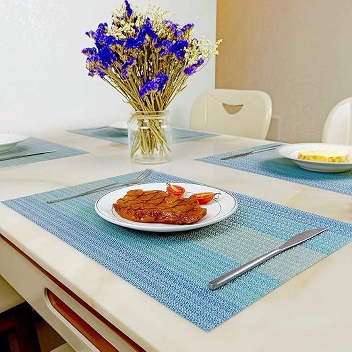 6 Pieces Easy Clean Table Mats non slip Heat Insulation Stain, Resistant Table Coaster, 45cm x 30cm, Blue