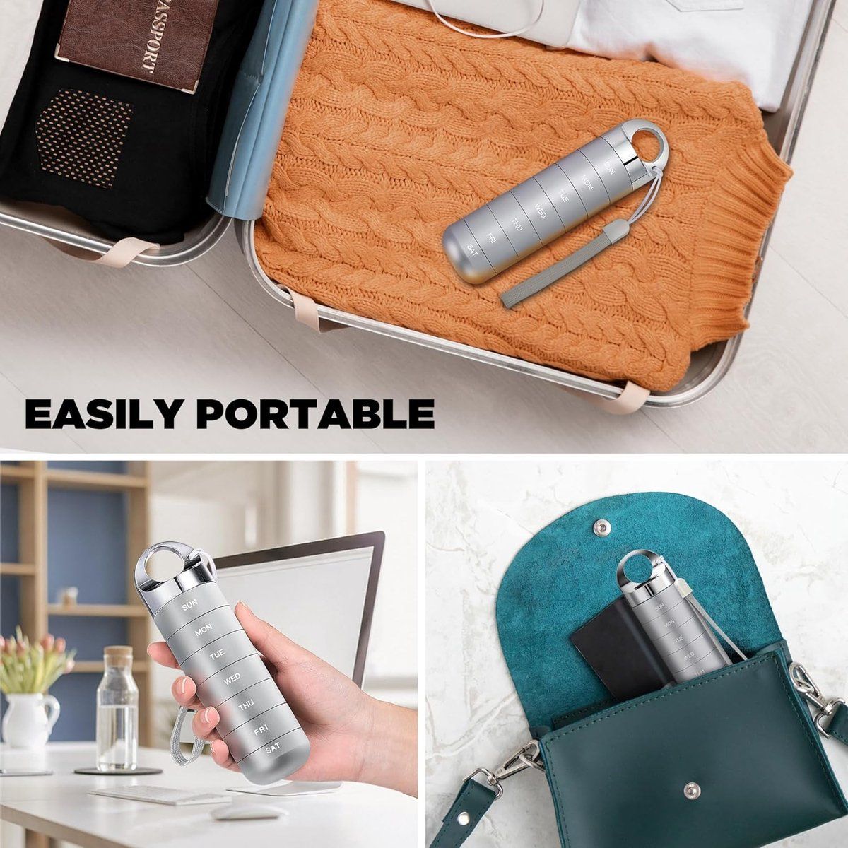 Metal Travel Pill Box, Portable Waterproof Weekly Pill Box, Large Aluminum Alloy Pill Holder, for Vitamins, Fish Oil, Supplements, Grey