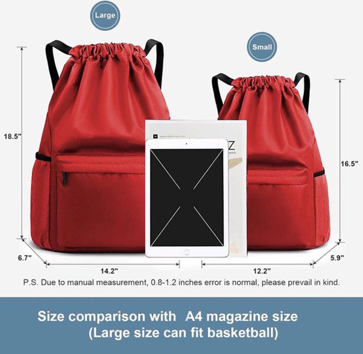 Waterproof Drawstring Gym Bag with Wet Dry Compartment, Lightweight Sports Backpack for Yoga, Dance and Travel, Red, Small, 41.9 cm