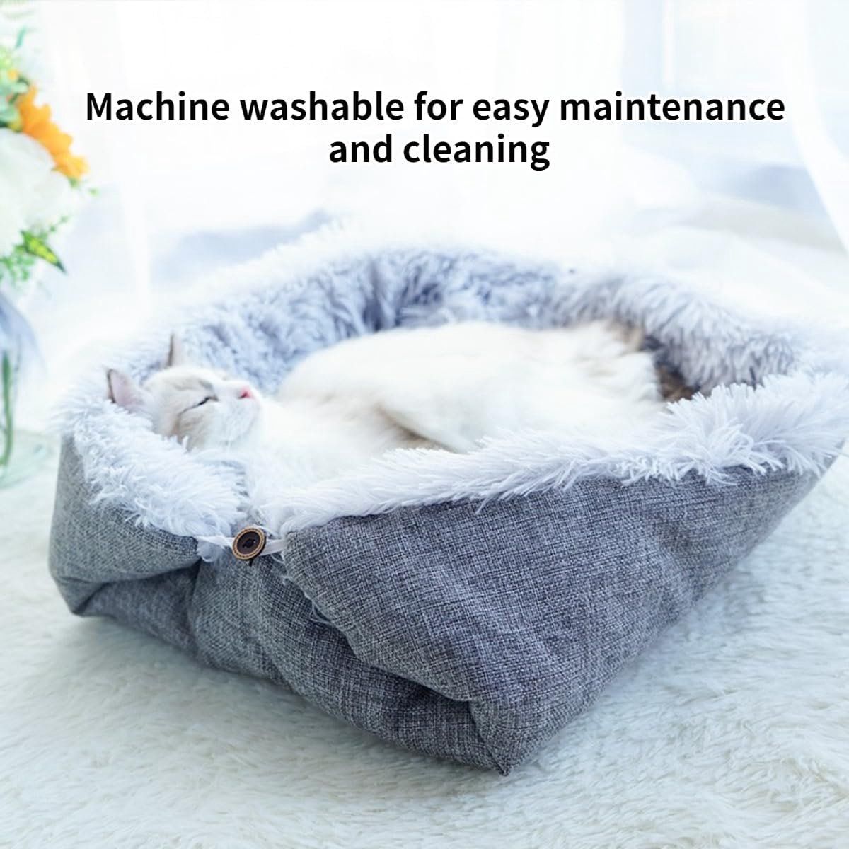 Self-Heating Cat Cushion and Soft Plush Blanket, Foldable 2-in-1 Pet Mat for Indoor Cats and Small Dogs, White, 61 x 51 cm