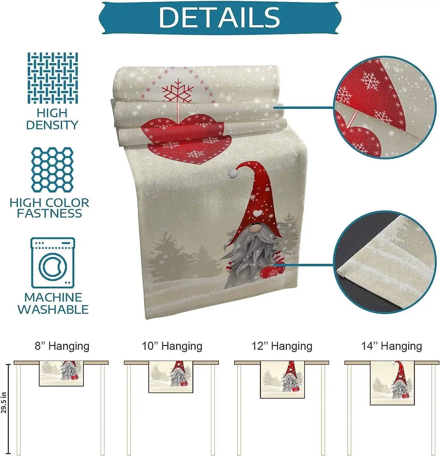 Christmas Snowflake Gnome Linen Table Runner, 180 x 33 cm, 70 x 13 in, Decorative Dresser Scarf for Dining Table and Holiday Decor