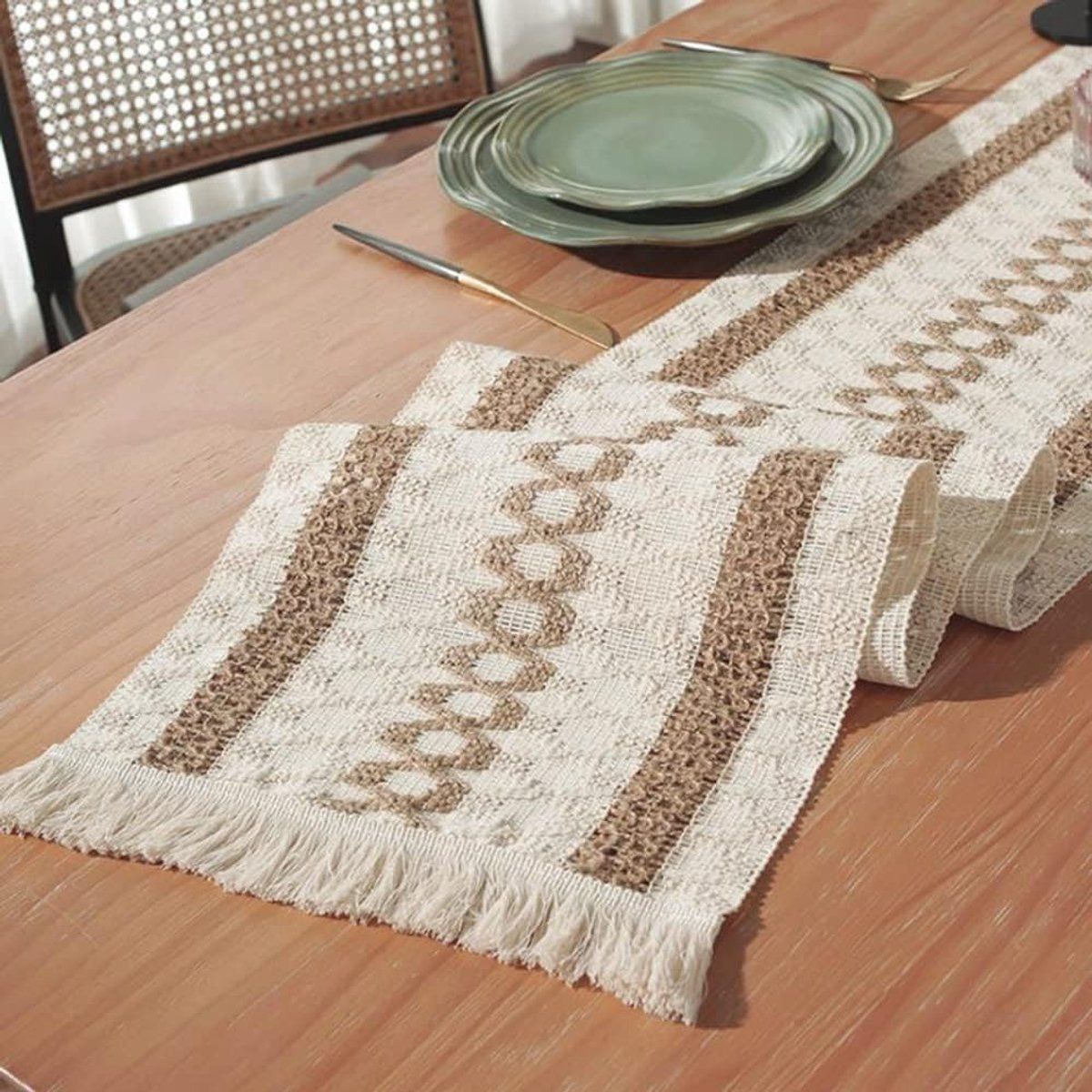 Jute Table Runner with Tassels, White and Brown 30 x 180 cm Hemp Rope Table Scarf for Garden Party, Boho and Christmas Decor