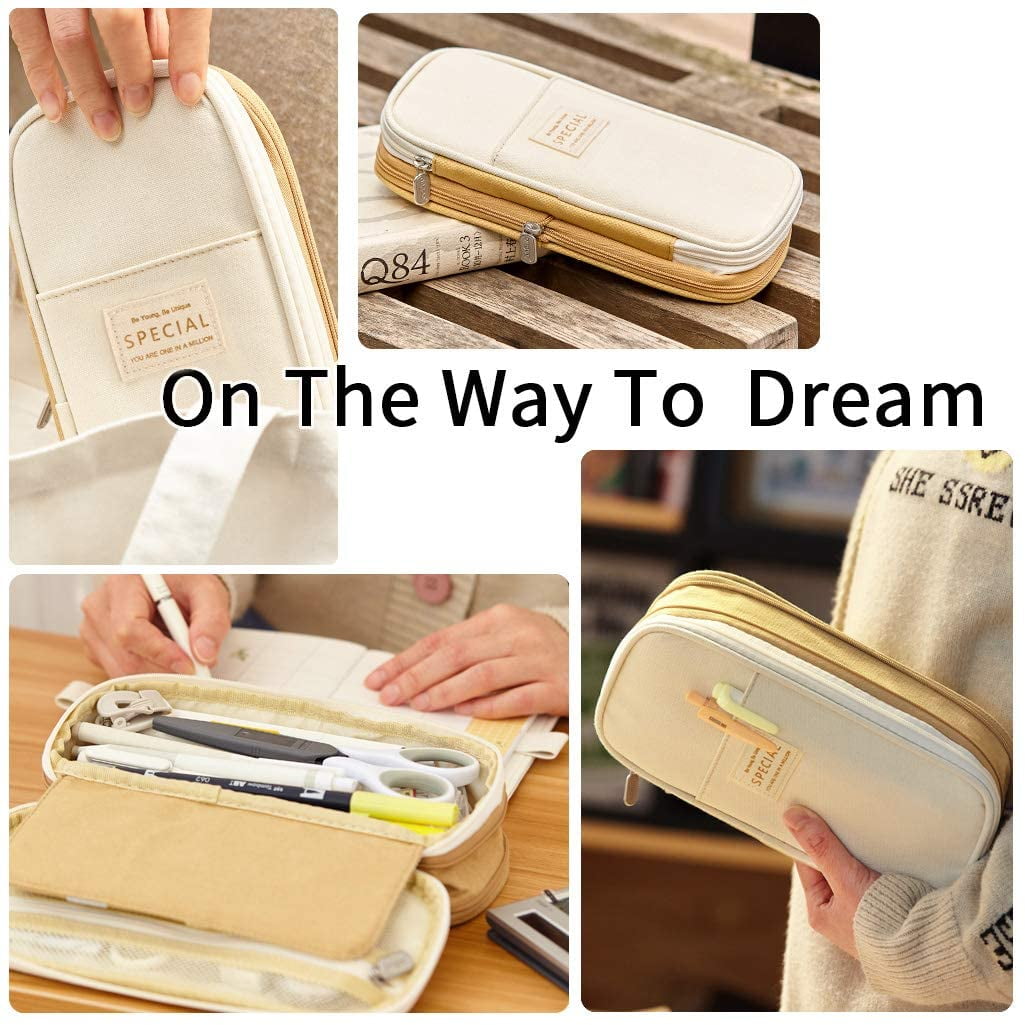 CICIMELON Big Capacity Pencil Pen Case Large Storage Pencil Bag Pouch Organizer (Purple) Khaki