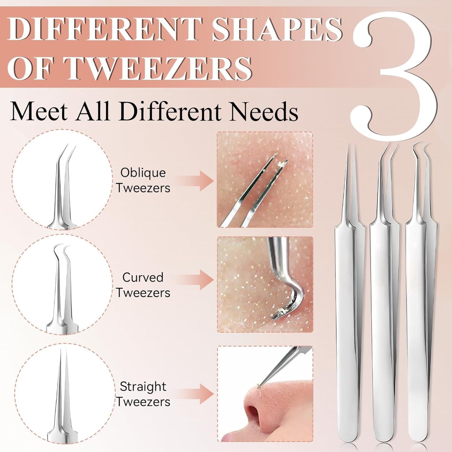 BYXAS Pimple Popper Tool Kit, 8 PCS Professional Stainless Steel Blackhead Remover Comedone Extractor Tools for Removing Zit on Face - Acne Removal Kit with Metal Case (Silver) 11PCS