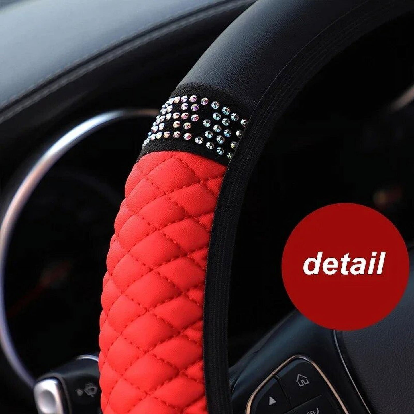 Universal Car Steering Wheel Cover 37-38cm Leather Embroidered Color Diamond-Studded Elastic Four Seasons Steering Wheel Cover Black