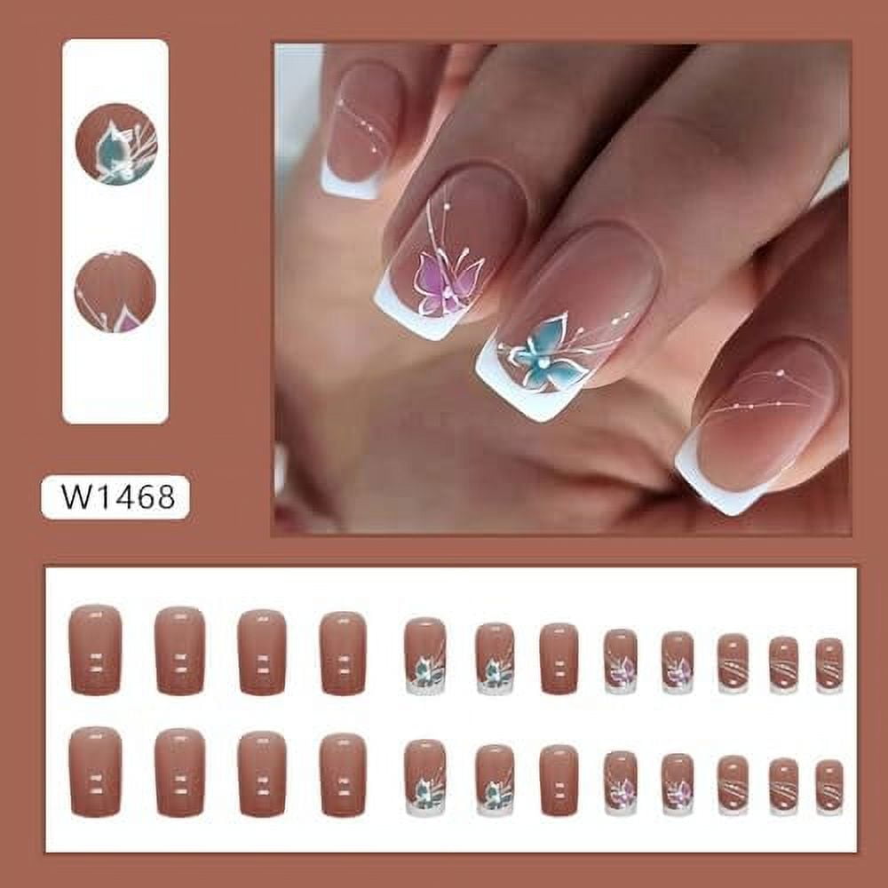 French Tip Press on Nails with butterfly Designs Short Square Fake Nails Gloss False Nails Spring Glue on Nails French Acrylic Nails Reusable Artificial Nails for Women