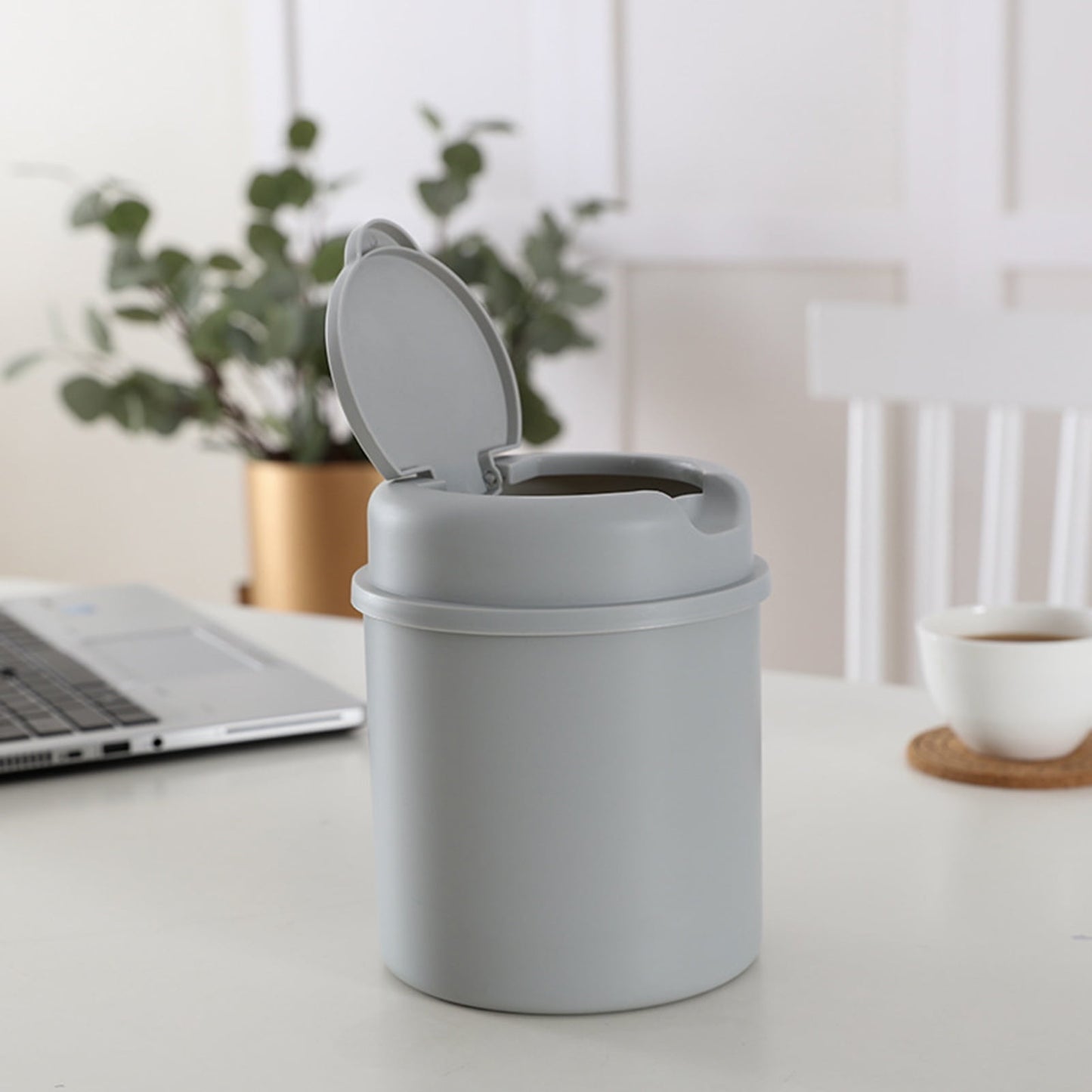 Walbest Desktop Mini Cute Trash Can with Swing Lid, Space Saving PP Plastic Cylindrical Tiny Garbage Can, Size: 6.69" x 5.12 Grey