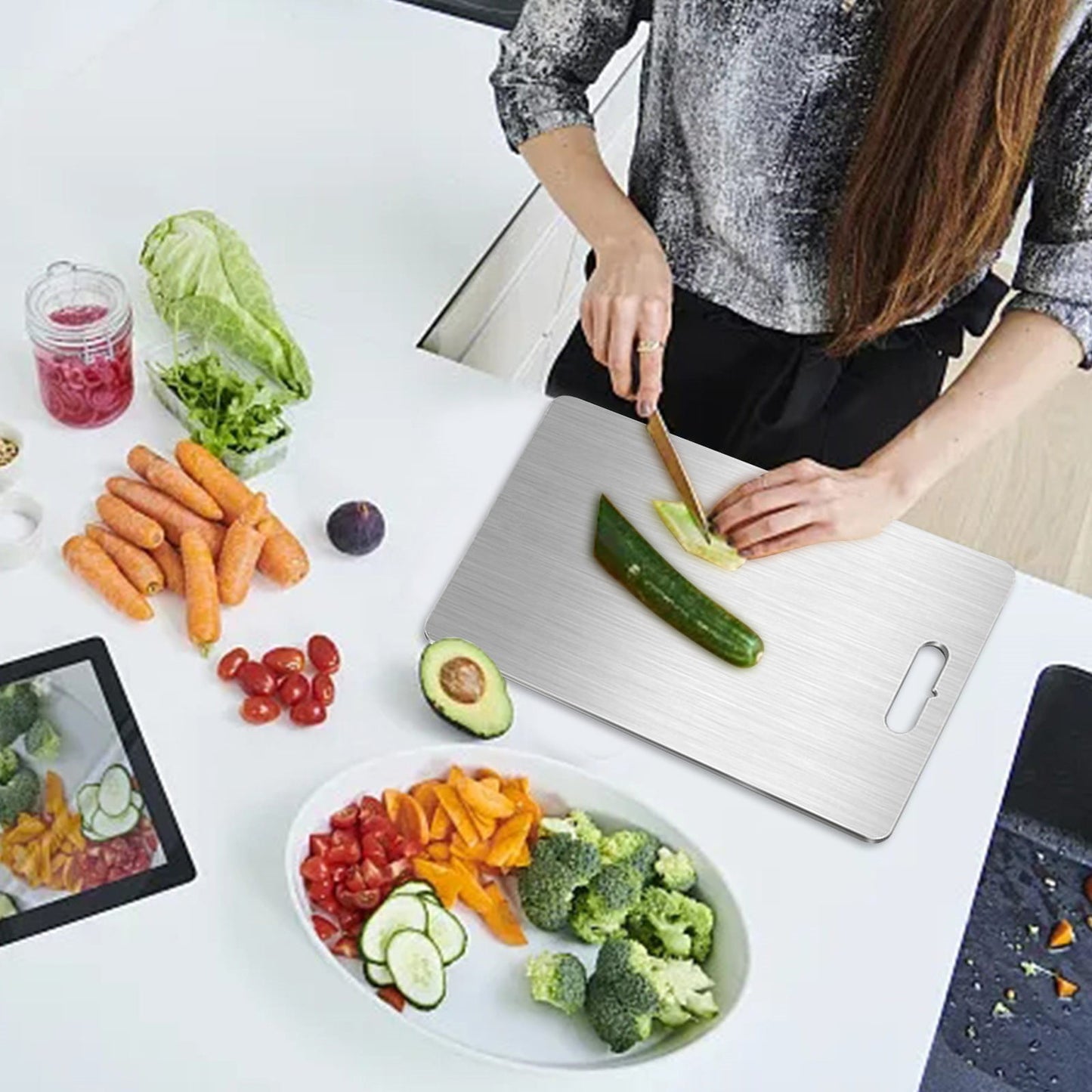 PALIFEUR Cutting Board Non Toxic Steel Cutting Boards for Kitchen, Different Sizes & Non Slip Handles, Servicealbe Non Stick Chopping Board D