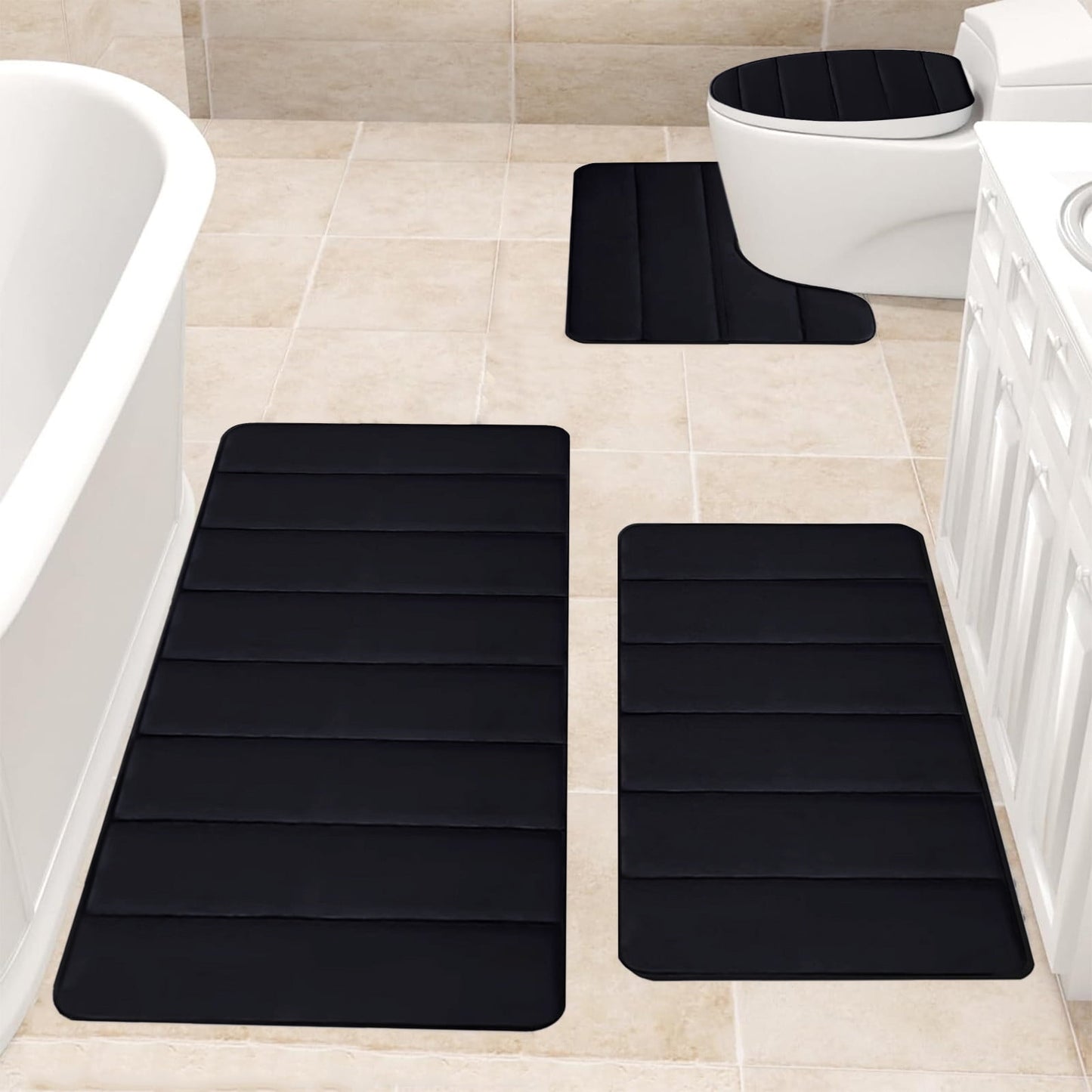 PALIFEUR Memory Foam Toilet Rug, Non-Slip Bathroom Rugs, Toilet Rugs U Shaped Washable, Commode Contour Rug, Soft Comfortable Super Water Absorption #4_Black