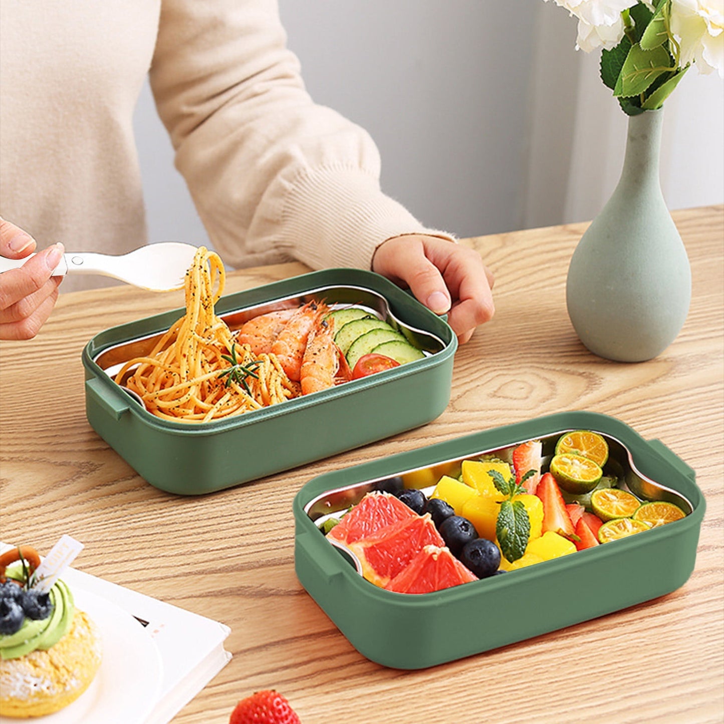 Xuniizn Bento Box Adult Lunch Box, Containers for Adults Men Women, Lunchable Food Container with Utensils, Sauce Jar, Muffin Liners, Microwave & Dishwasher Safe Green#5