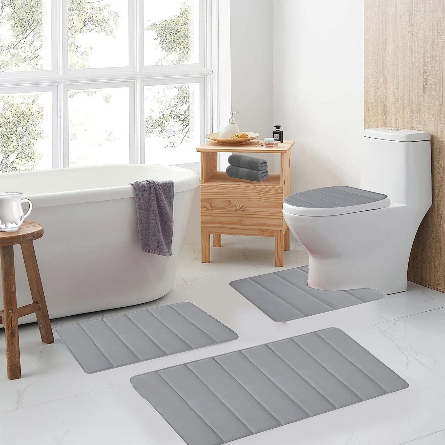 Xuniizn Bathroom Rugs Sets 4 Piece, Bath Mat Set and Oval Toilet Base with Rubber Backing, Plush Absorbent Shaggy Chenille Washable Mats, Includes 16x24", 16x20", 15x17" and 15x19" Rugs, Blue Gray