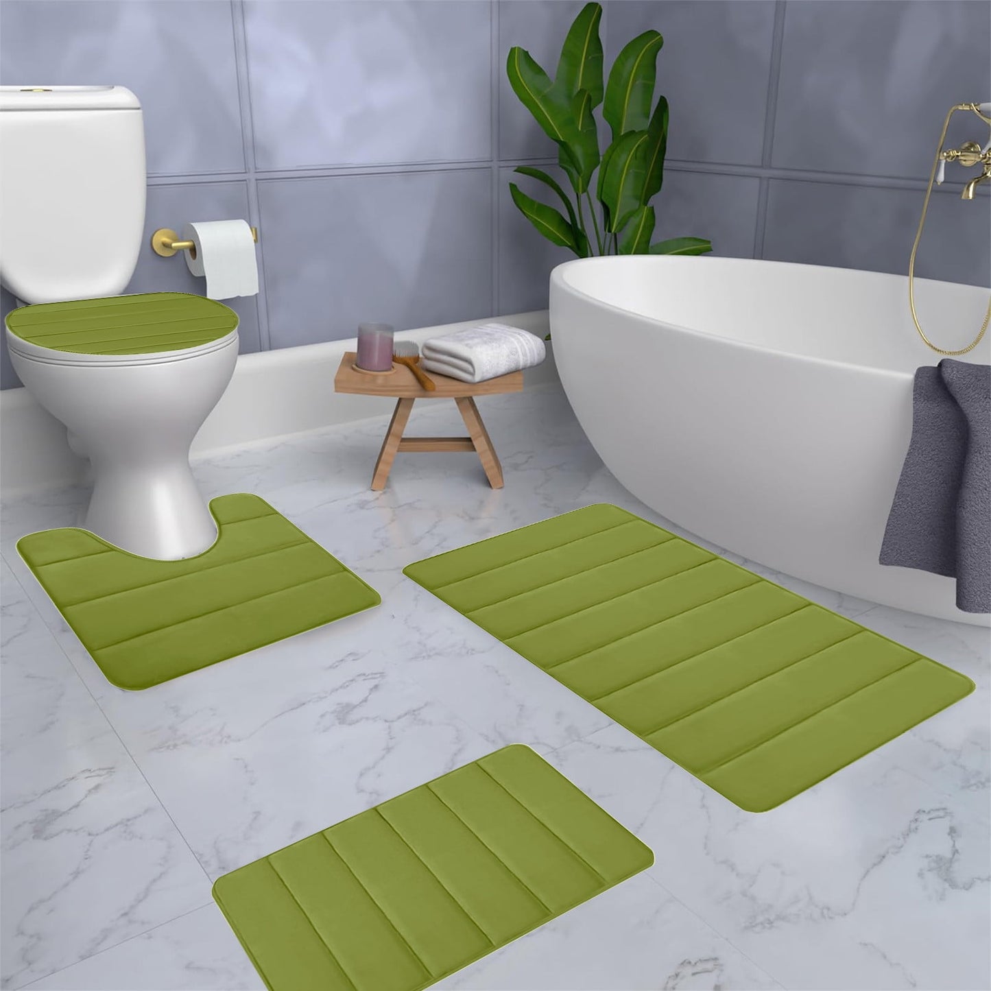 Xuniizn Bathroom Rugs Sets 4 Piece, Bath Mat Set and Oval Toilet Base with Rubber Backing, Plush Absorbent Shaggy Chenille Washable Mats, Includes 16x24", 16x20", 15x17" and 15x19" Rugs, Blue Green