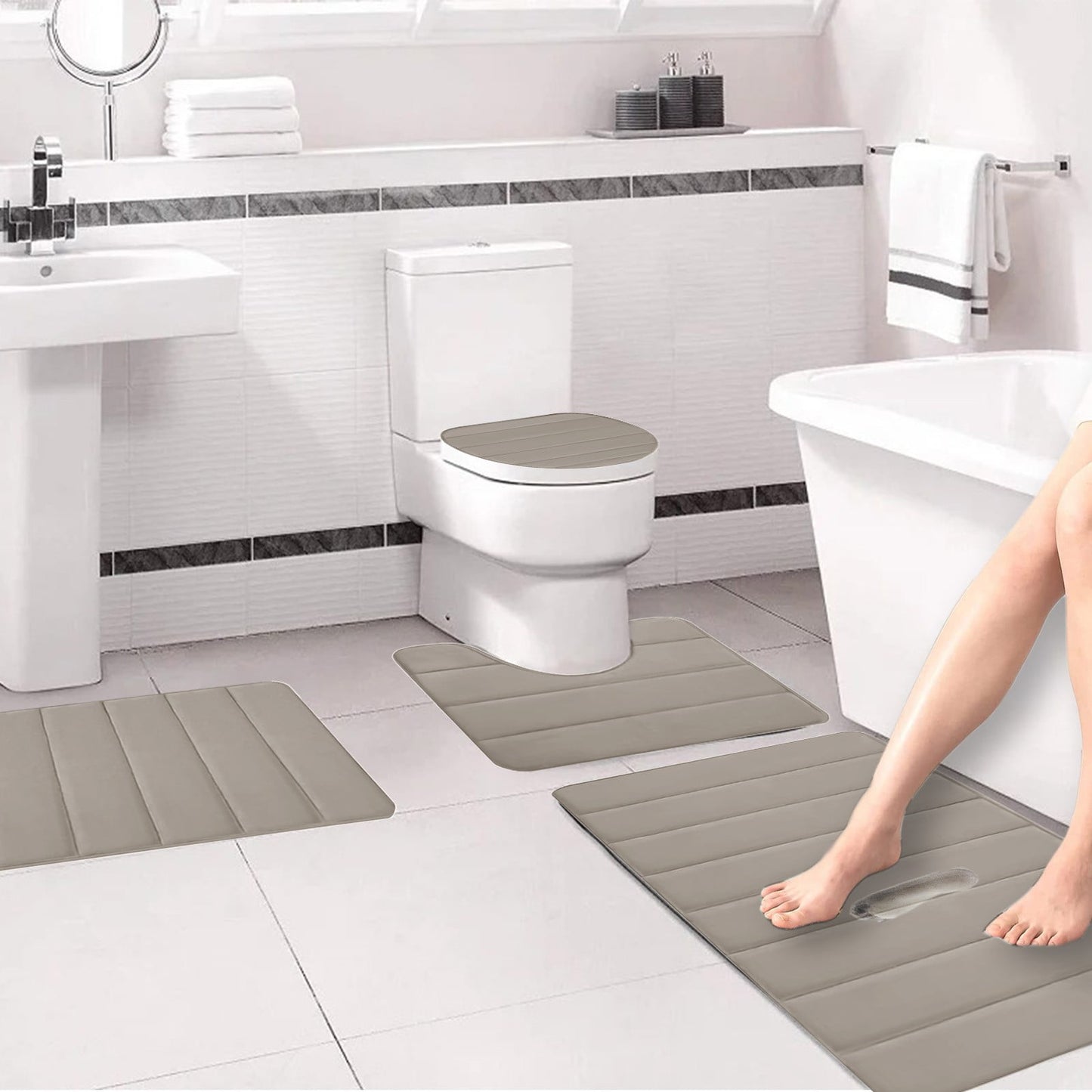 Xuniizn Bathroom Rugs Sets 4 Piece, Bath Mat Set and Oval Toilet Base with Rubber Backing, Plush Absorbent Shaggy Chenille Washable Mats, Includes 16x24", 16x20", 15x17" and 15x19" Rugs, Blue Khaki