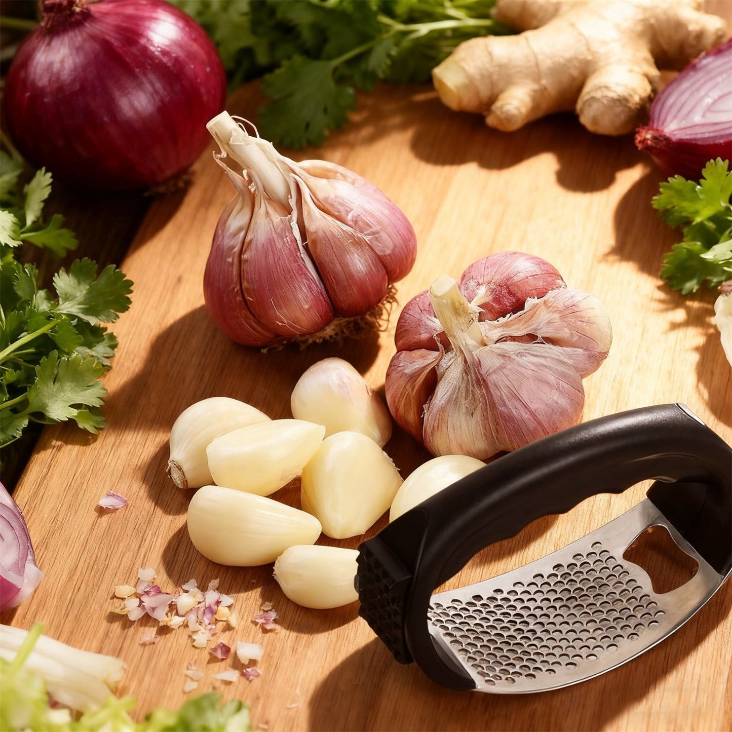 Stainless Steel Garlic Press Rocker, Garlic Mincer With Studs, Heavy Duty Garlic Chopper, Effective Garlic Peeler, Easy to Clean Kitchen Gadget for Minced Garlic, Dishwasher Safe 【Best Seller】D