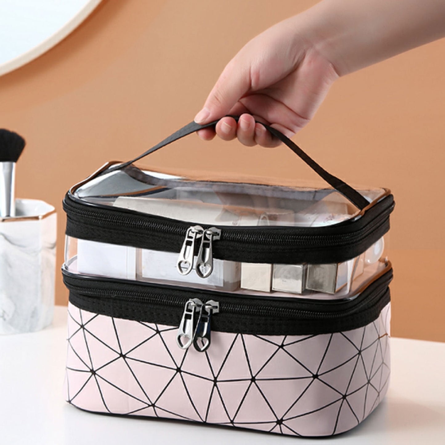 Meiyuuo Makeup Bag Cosmetic Bag Travelling Double Layer Make Up Bag Organizer Medium Case for Women Girls Reusable Toiletry Bags(Blue) Brown