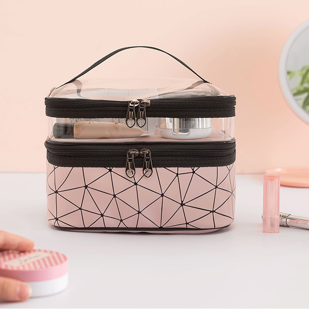 Meiyuuo Makeup Bag Cosmetic Bag Travelling Double Layer Make Up Bag Organizer Medium Case for Women Girls Reusable Toiletry Bags(Blue) Pink