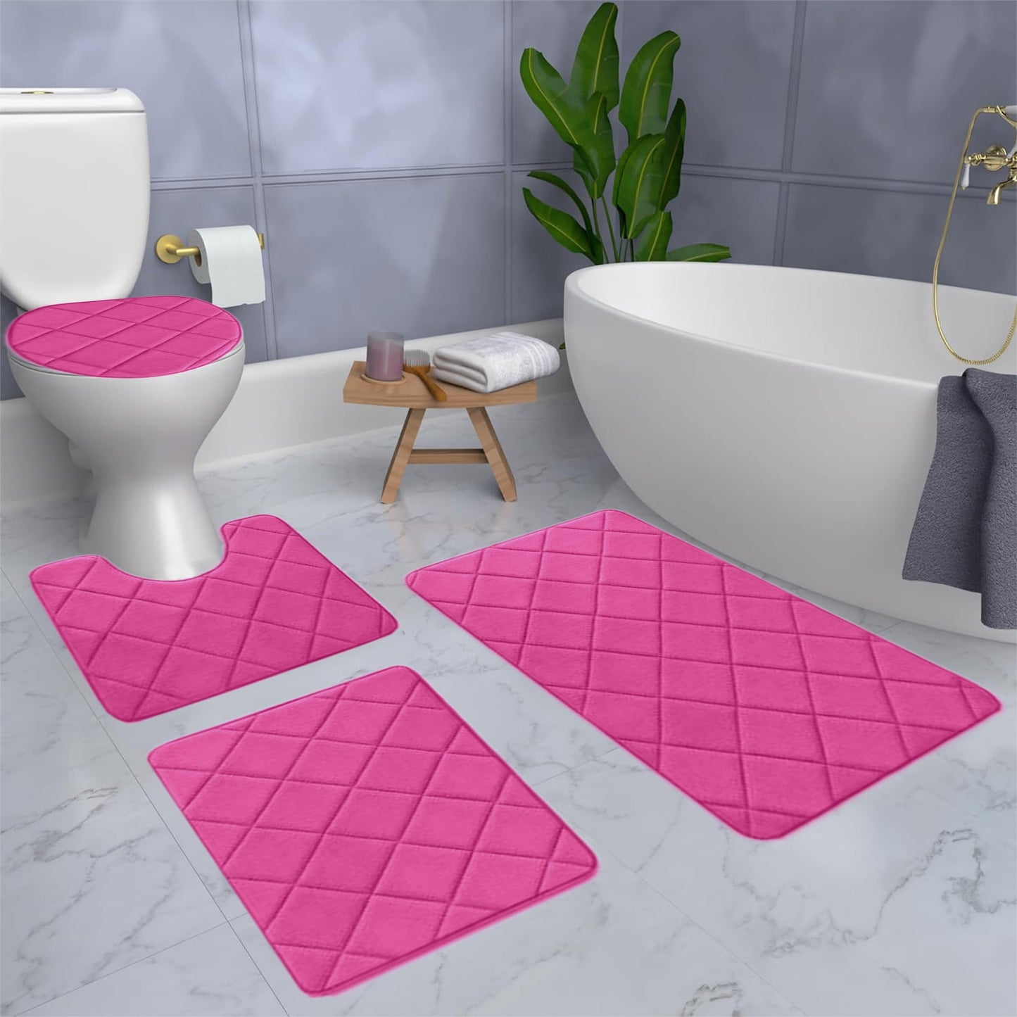Clearance Tyidzon Bathroom Rugs 4 Piece Ultra Soft & Non-Slip Memory Foam Bath Mats for Bathroom, Absorbent Quick-Drying Bath Mats for Shower Bathroom Floor Rugs Pink