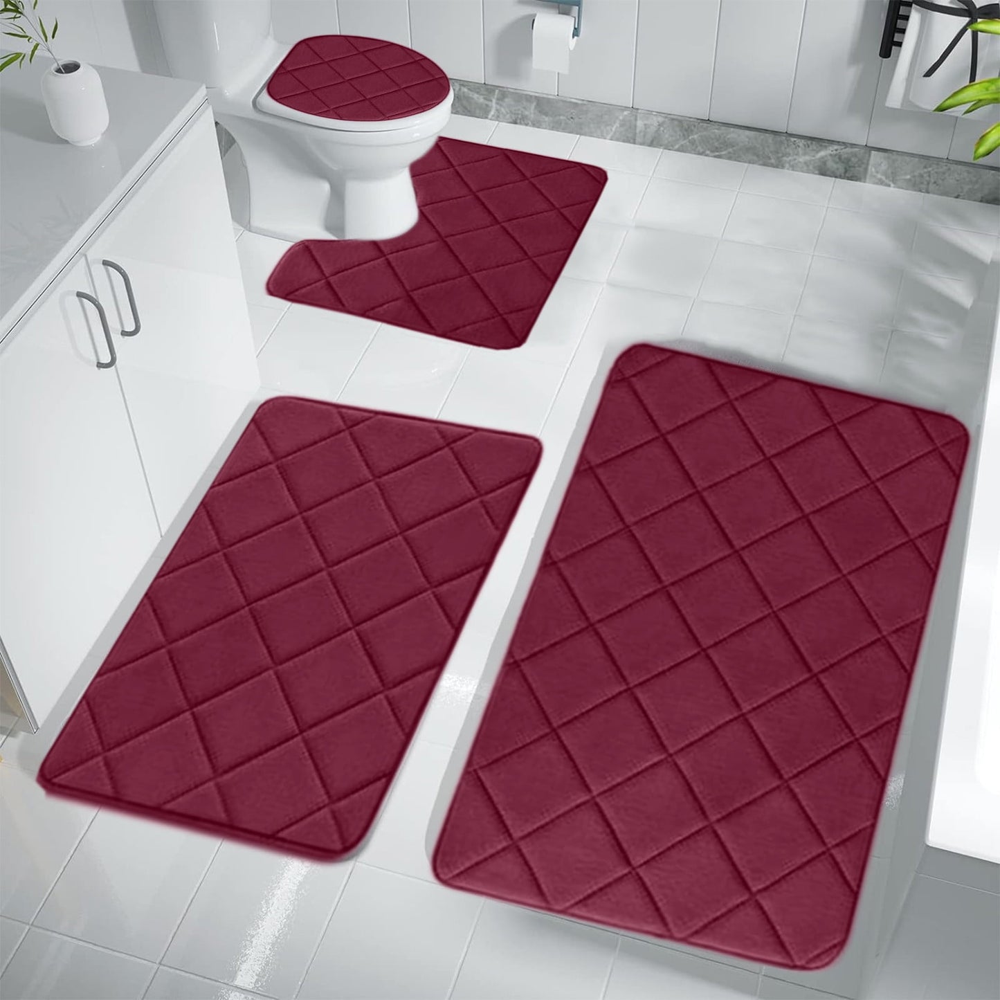 Clearance Tyidzon Bathroom Rugs 4 Piece Ultra Soft & Non-Slip Memory Foam Bath Mats for Bathroom, Absorbent Quick-Drying Bath Mats for Shower Bathroom Floor Rugs Red