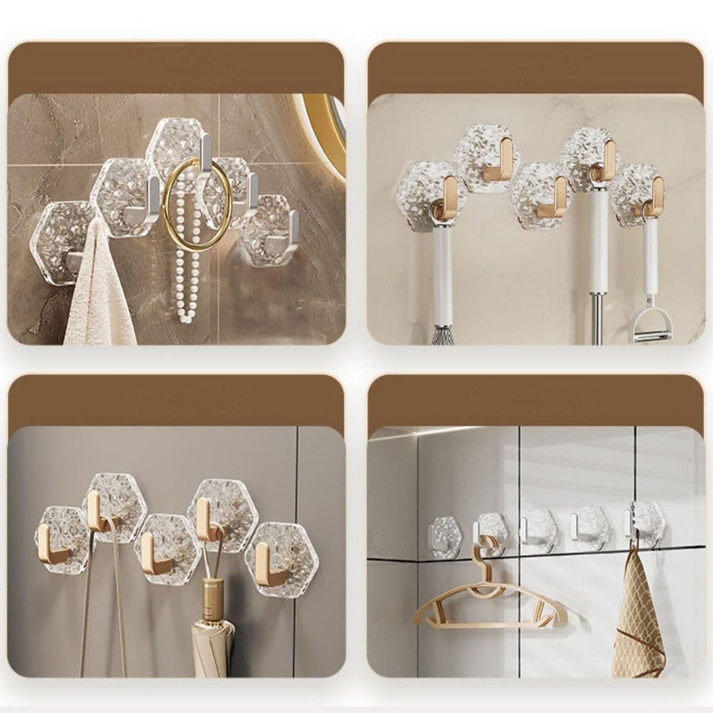 JWDX, Wall Mount Hooks Hexagon Adhesive Hooks with Water Design No Drill Wall Hanging Storage Rack Damage Sticky Hooks for Kitchen Bathroom Towel Hanging(5Pc) One Size Gold