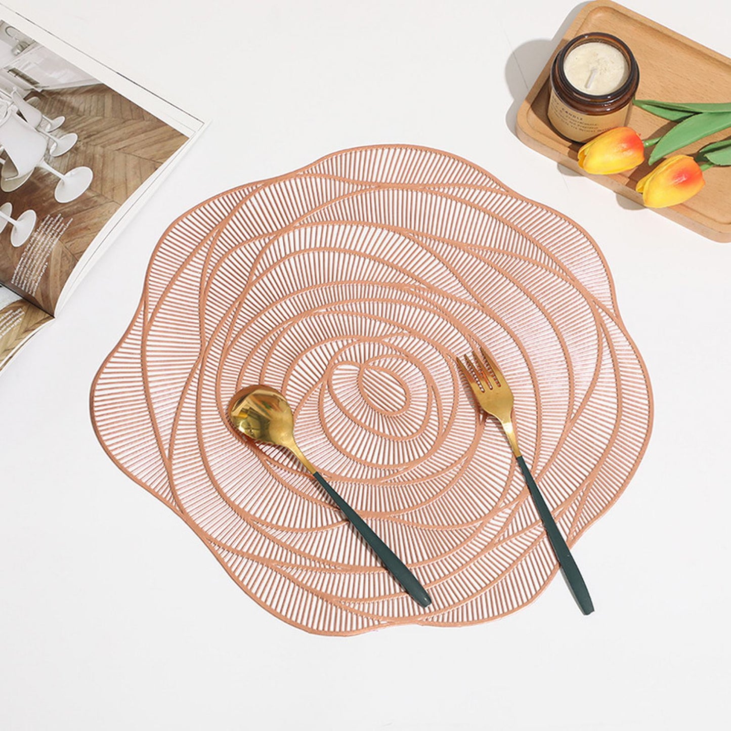 JWDX Placemat Clearance! Rose Vinyl Placemat Hollow Round Plastic Pvc Pressed Golden Dinning Table Mat Rose Table Mat American Light Luxury Gilding Cup Mat Decorative Table Mat, Include 1*Placemat GD2