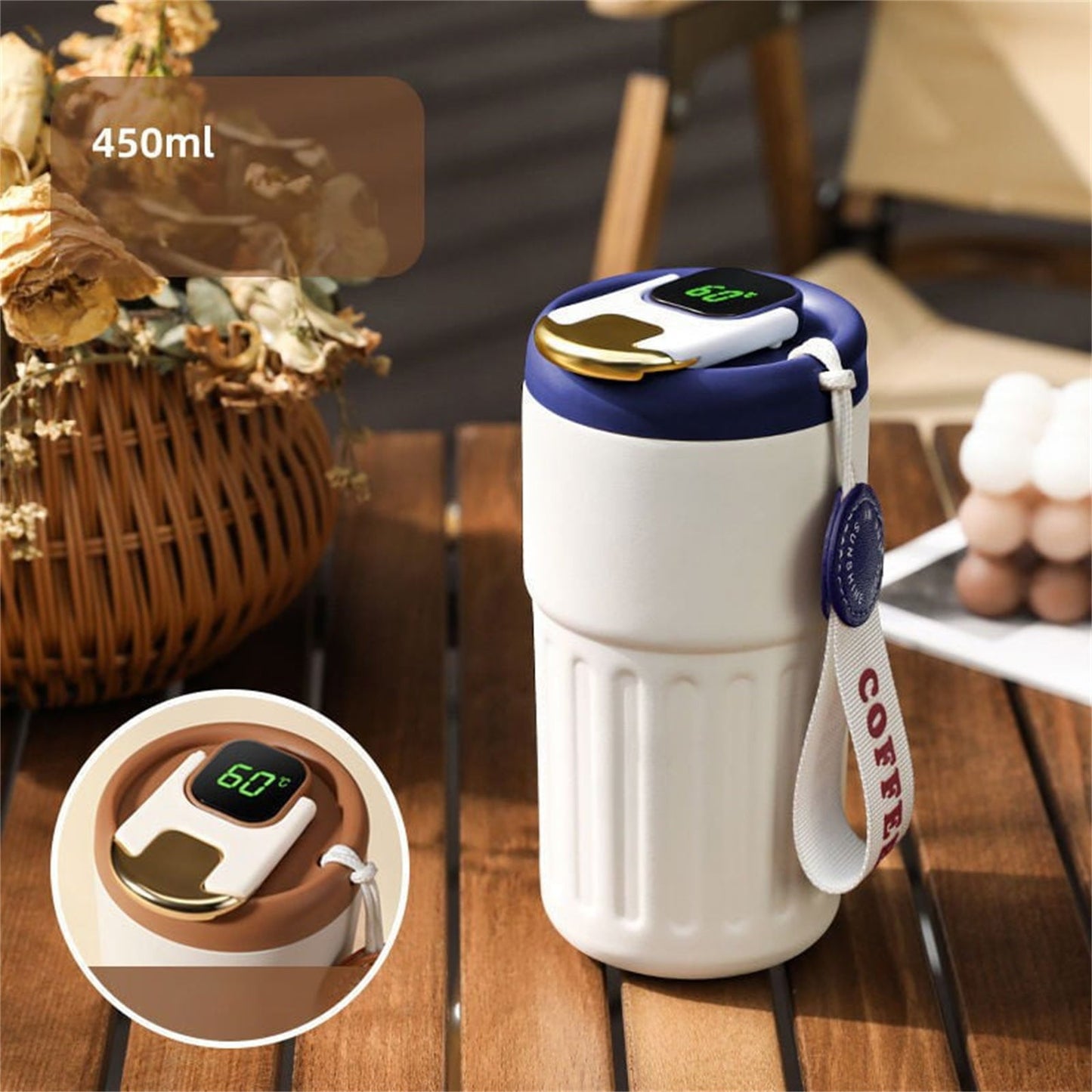 Clearance Back to School Supplies! JWDX Portable Smart Thermos Cup 04 Matte White Blue, for Dormitories, Apartments, Shared Spaces and Study Areas (Include: 1X Thermos Cup) Clearance Sale DA