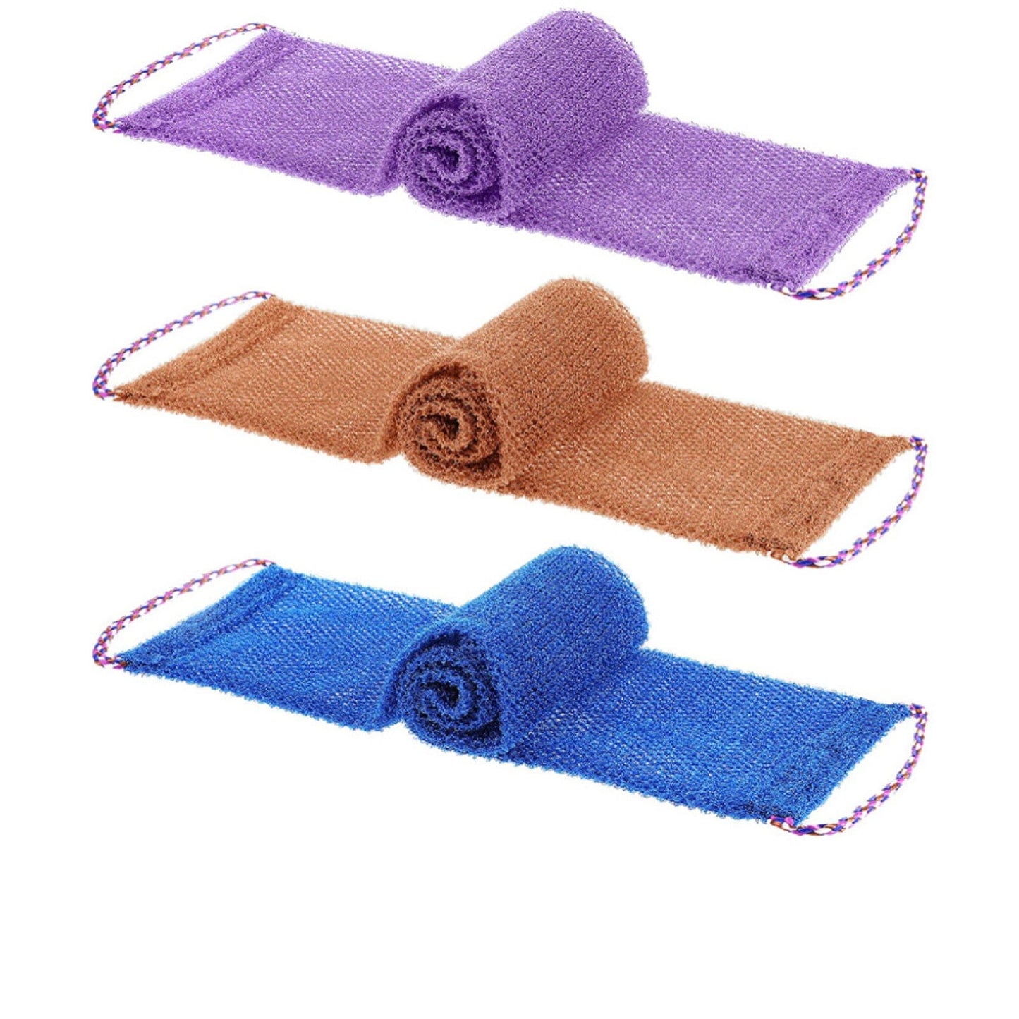 3 Pieces African Net Sponge with Handles Long African Exfoliating Net Washcloth Bath Sponge Net Cloth Wash Net Body Back Scrubber for Shower Loofah, 31.5x5.9 31.5" x 5.9" Blue*1 Brown*1 ruple*1