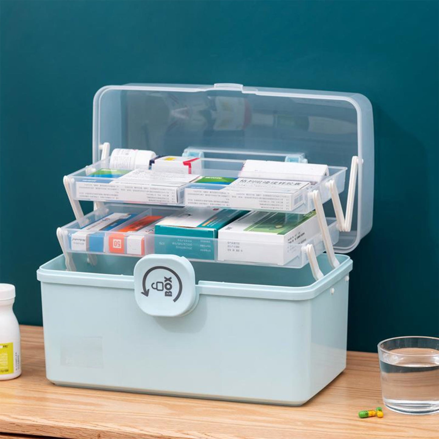 Medicine Storage Box, 3-Tier Foldable Tray Medicine Storage Containers, Removable Pill Case & Handled, Empty Family First Aid Box for Medicine, Art Supplies, Plastic Family Emergency Kit Blue