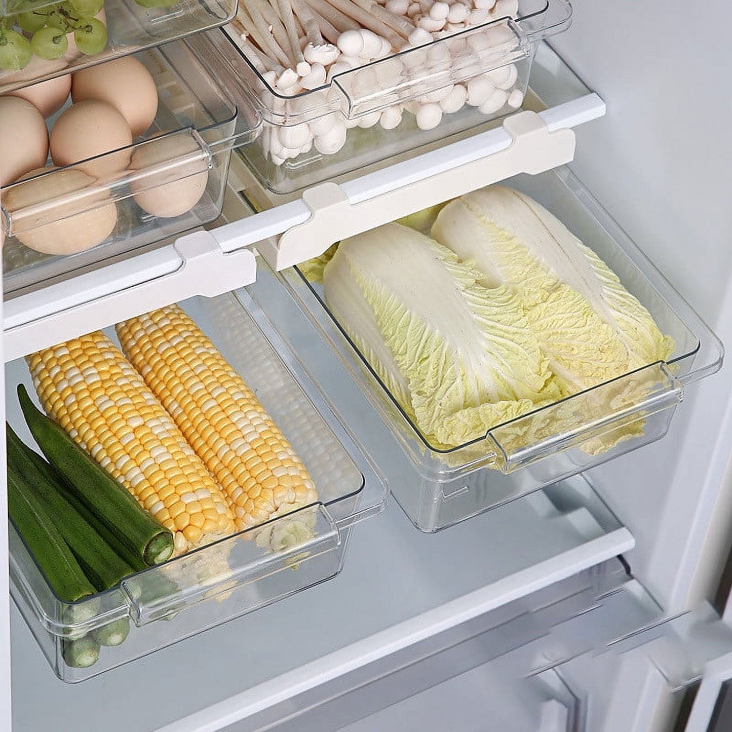 Refrigerator Pull Out Bin,Snap On Drawer Fridge Mate,Fridge Storage Box/Drawers/Rack, Refrigerator Bin Home Organizer for Fridge Shelf Thickness Under 0.6