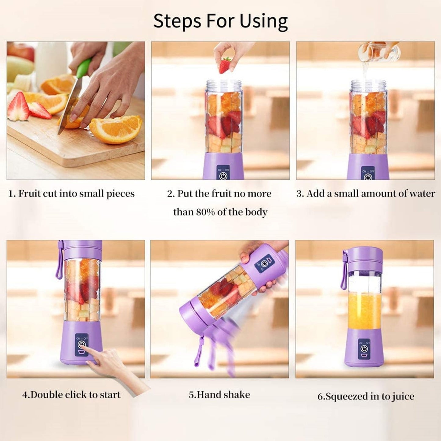 Cordless Portable Personal Size Blender - Mini Blender Make Smoothies and Shakes, 380Ml BPA Free Travel Cup, Powerful Blending Suit in Office/Home/Gym Purple