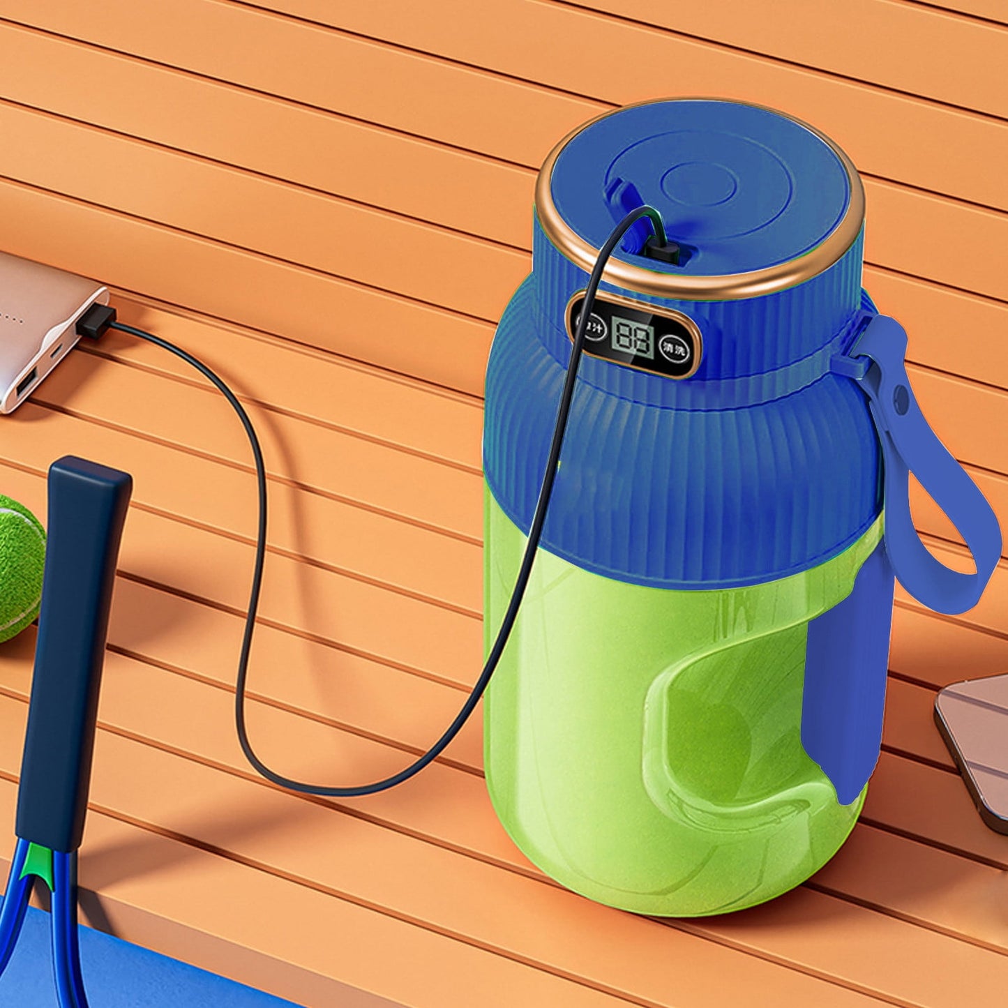 Portable 1200ml Electric Mixing Cup, Stainless Steel & Glass Body, Squeeze Bottle for Protein Shakes, Juices, Gym Drinks, Rechargeable, Airtight Lids, BPA-Free, Multi-Functional Blender Blue