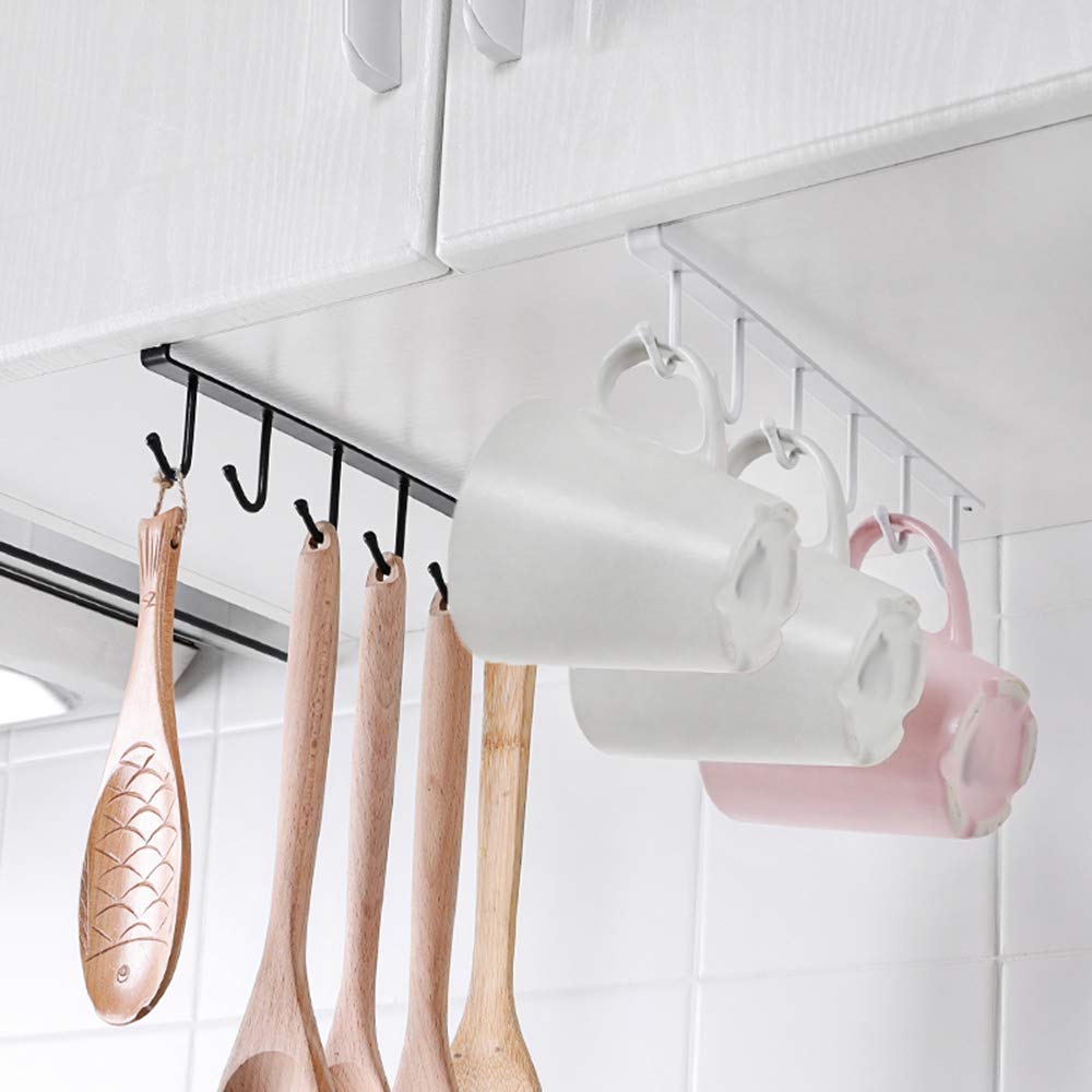 Mug Holder - Hanging Kitchen Rack - Kitchen Organizer - No Drilling Required - Utensil Holder - Cupboard Organizer - Cup Holder - Spatula Holder - Storage Rack - Wardrobe Accessories - Space Saving - Black - 2 Pieces