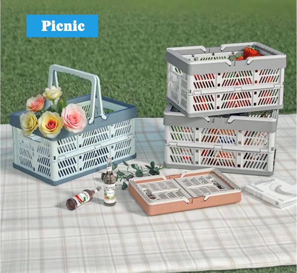 Folding Crate - Folding Crate - Shopping Basket - Storage Basket - Collapsible Basket - Shopping Crate - Storage Box - Plastic Crate - Camping - Car Organizer - Foldable - Stackable - With Handles - Trunk - Gray White - 1 Piece