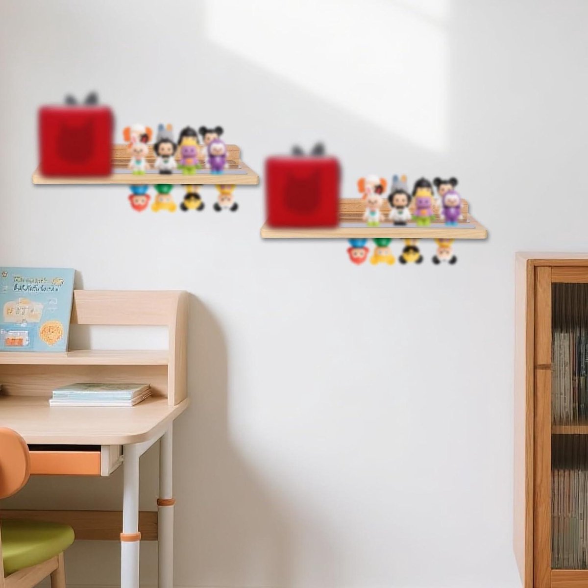 Wooden magnetic shelf for toy figures - wall mount with floating display - 1-tier organizer for children's room with charging station - storage accessories.