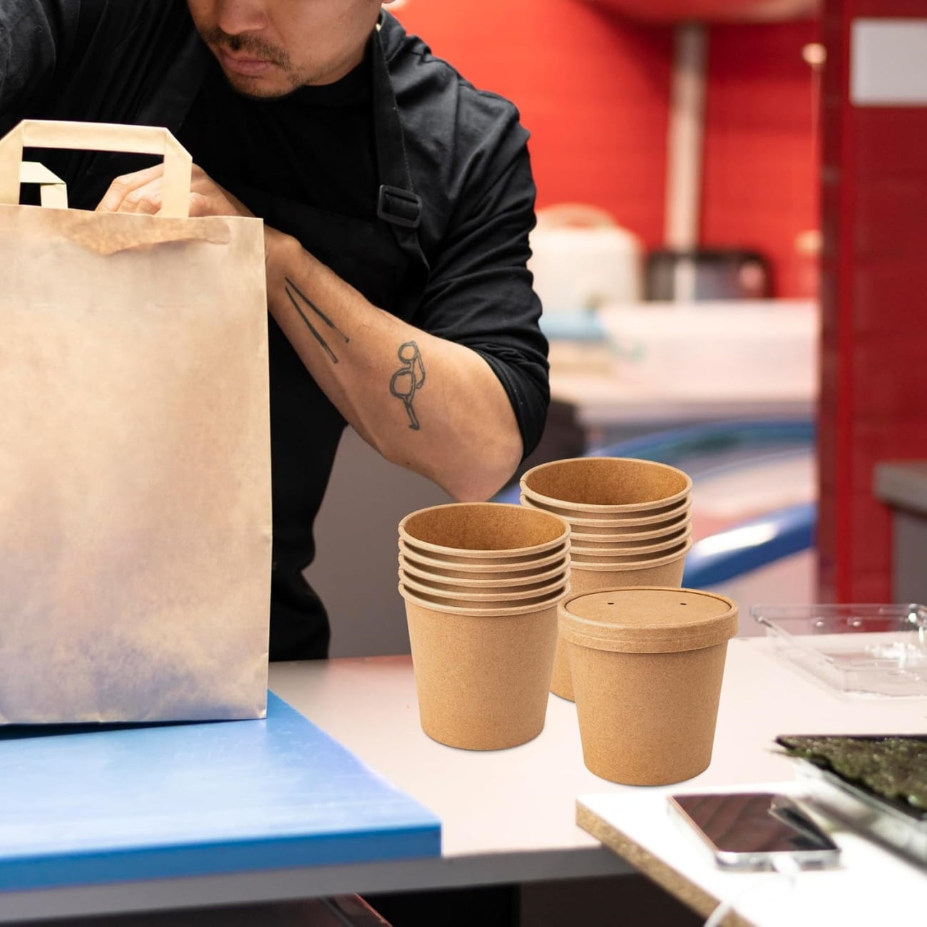 QZS 20 Pack Paper Soup Bowls,12oz Disposable Kraft Paper Soup Bowls with Lids for Ice Cream,Durable Kraft Food Cups for Chocolate,Candy 3.5" x 2.8" x 3.5"
