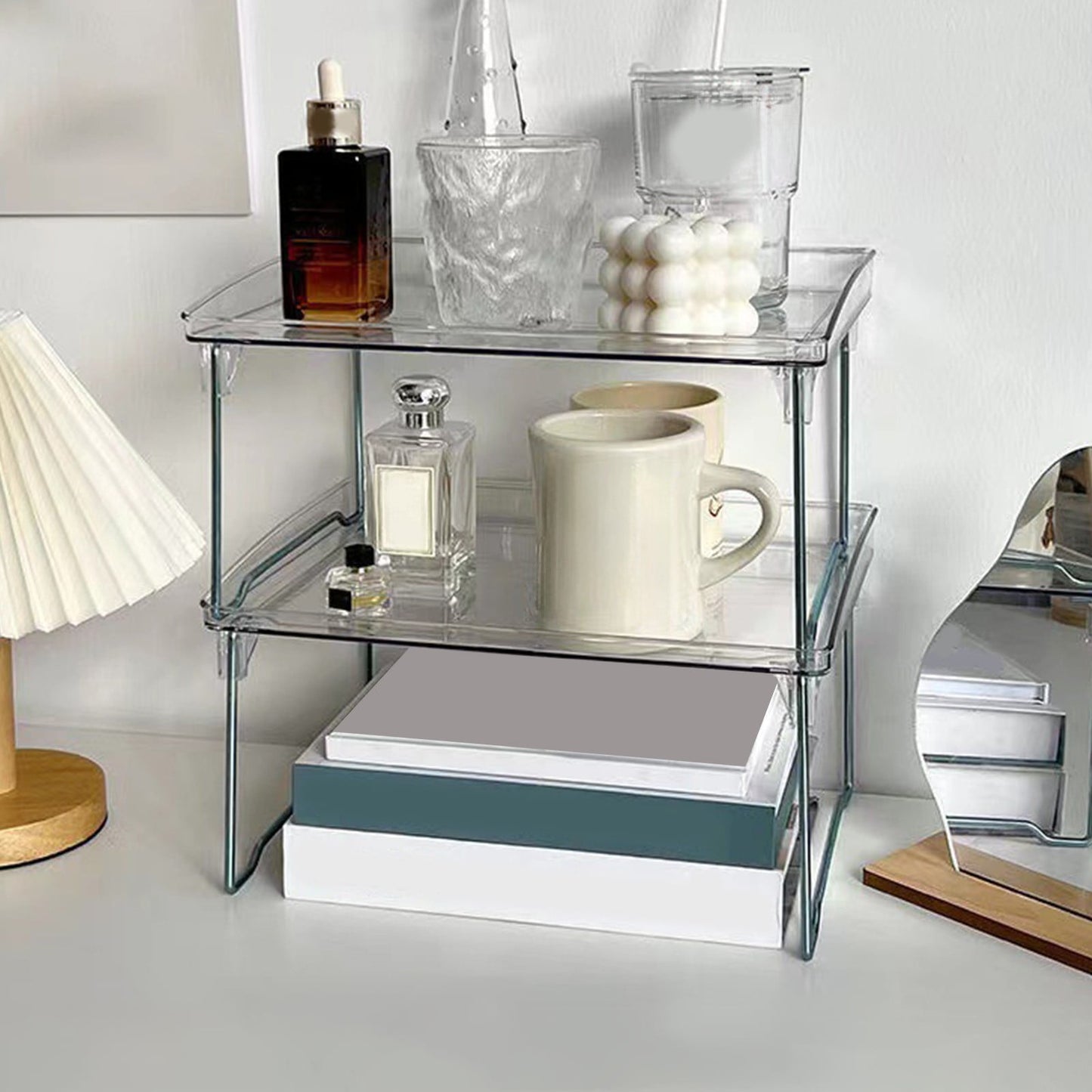 Cabinet Organizer Shelf, Stackable Kitchen Counter Shelves, Spice Rack, Countertop Organizers, Clear Plastic Storage Shelves Rack, for Makeup, Bathroom, Cupboard, Desk, Pantry Organization White